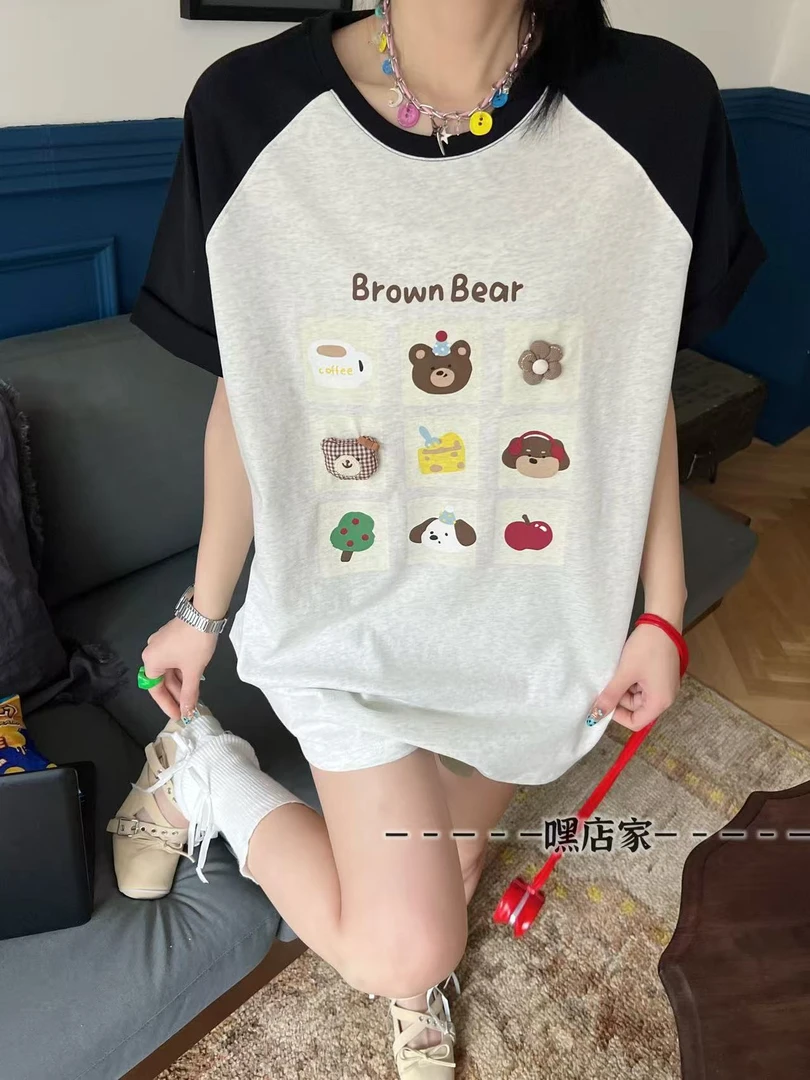 原单T恤半袖个性卡通吸汗夏款短袖潮流印花装饰熊头玩偶大板-2569