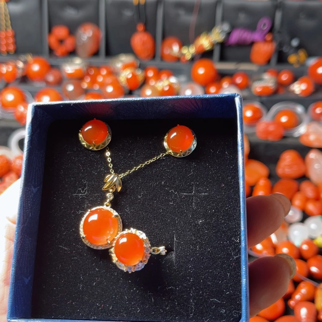 银S925镶嵌冰红套装南红玛瑙