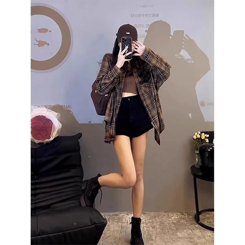 美式复古格子衬衫女春季2025年新款慵懒风宽松Polo领长袖开衫衬衣