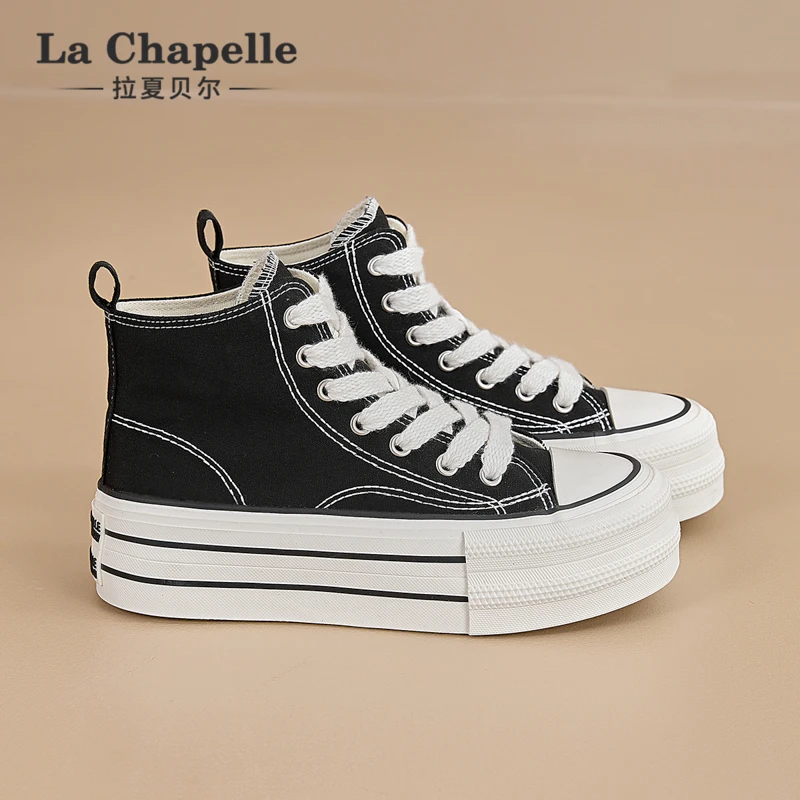 拉夏贝尔高帮帆布鞋女2025新款经典春季百搭厚底透气增高休闲板鞋