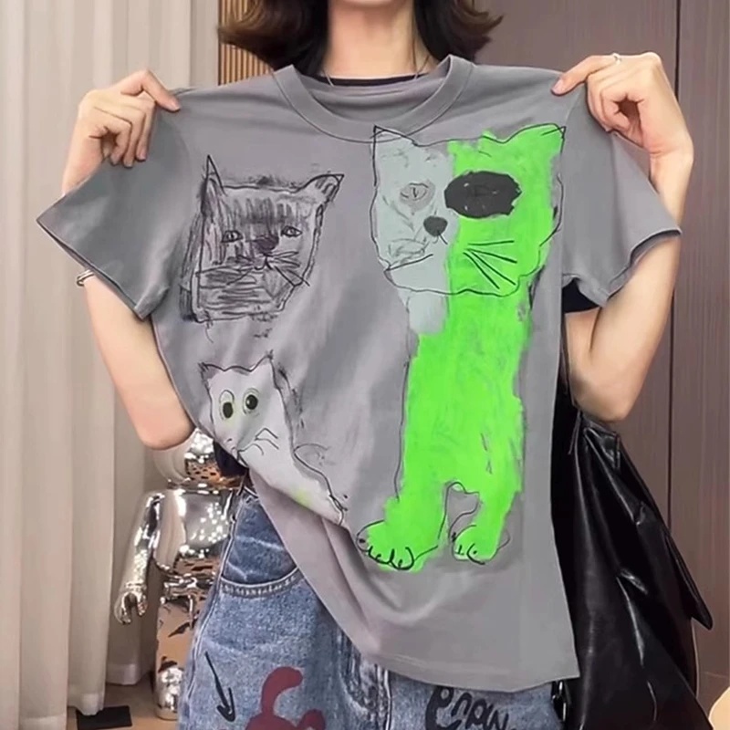 网红洋气炸街女装春夏小众别致休闲百搭短袖艺术猫咪减龄显瘦时尚