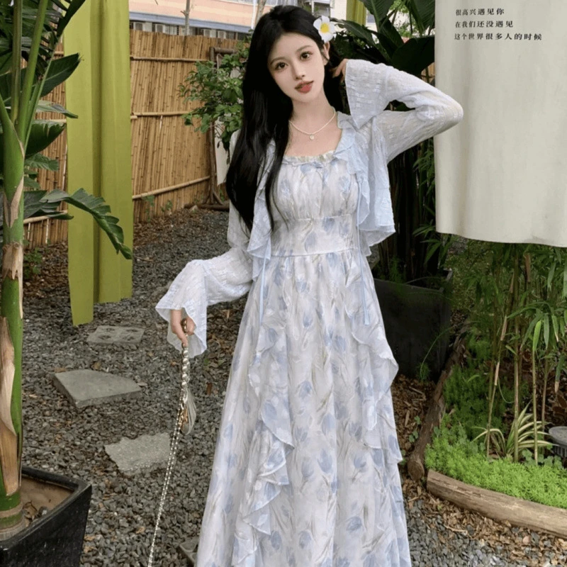 法式甜美荷叶边连衣裙女夏季胖MM温柔垂感裙子显瘦衫套装五一994