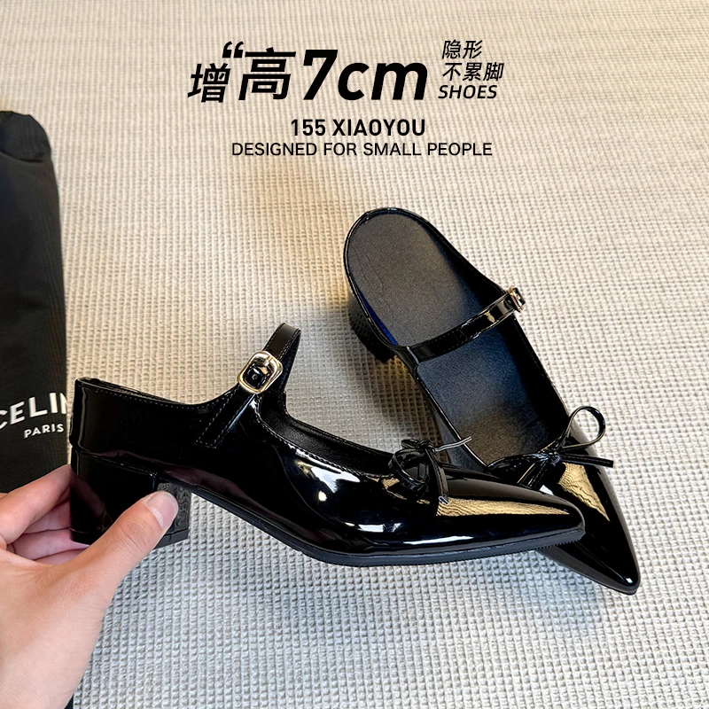 时尚包头半拖鞋女夏外穿2025新款内增高7cm粗跟小个子玛丽珍凉拖