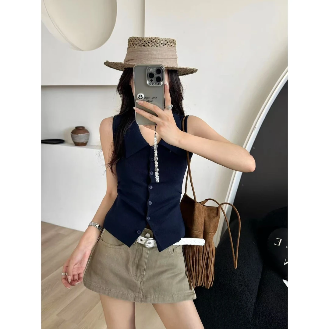 SP 显瘦精致欧尼冰冰凉凉翻领针织衫上衣内搭背心t