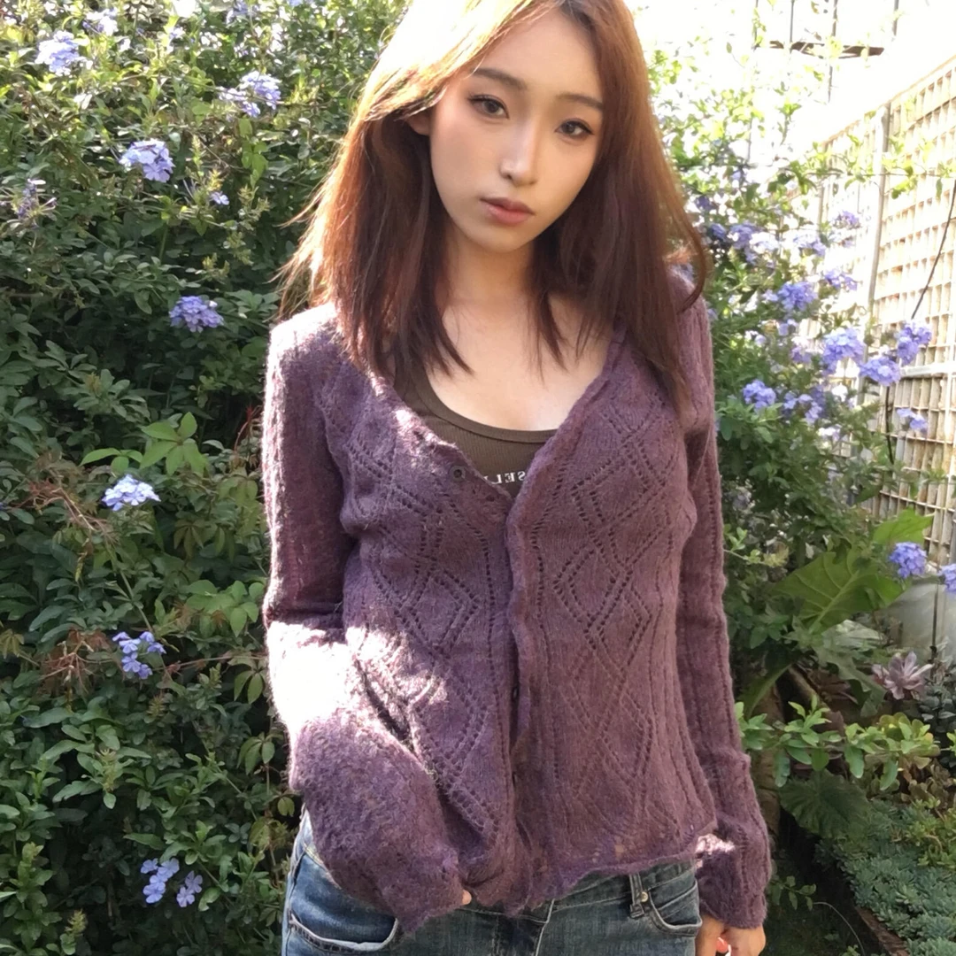 正确版 AD1 马海毛镂空毛衣开衫气质慵懒修身外套V领复古针织上衣