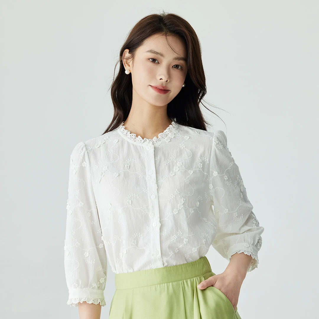 【冬冬里漫花】茵曼春季法式时尚气质绣花花边提花圆领中袖白衬衫女