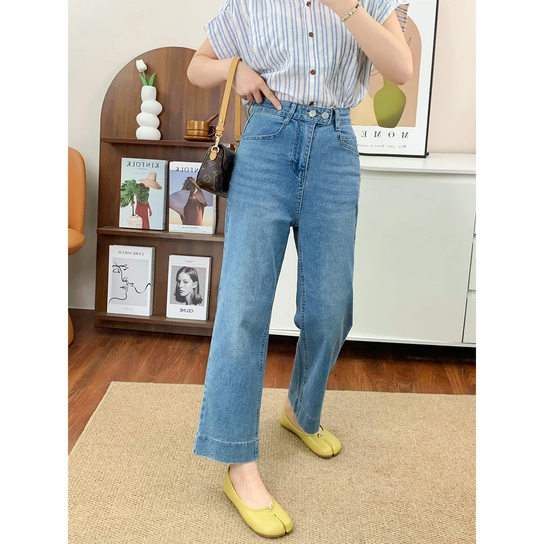 高腰九分直筒牛仔裤女2025夏季新款宽松遮肉显瘦气质九分阔腿裤子