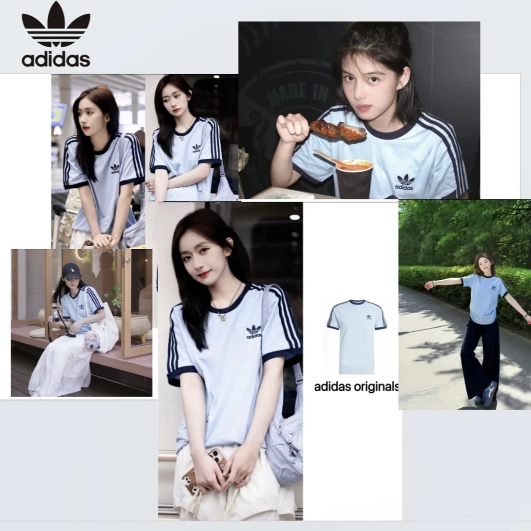 ADIDAS三条纹欧若风复古穿搭纯棉运动修身内搭短袖圆领T恤JN7018