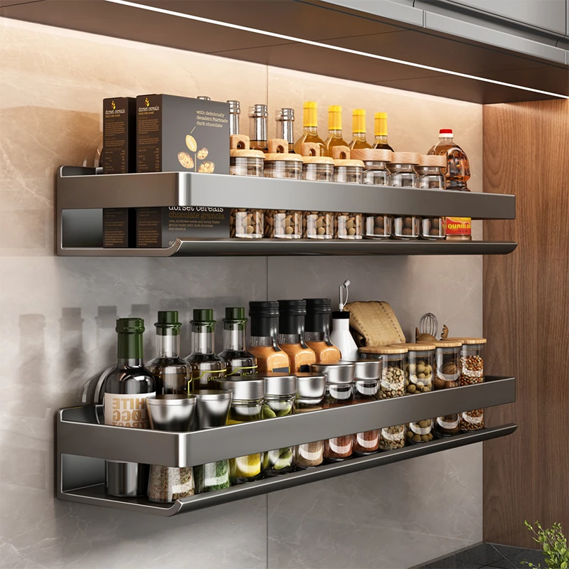 枪灰厨房调料置物架不锈钢免打孔家用壁挂油盐酱醋瓶罐墙上收纳架