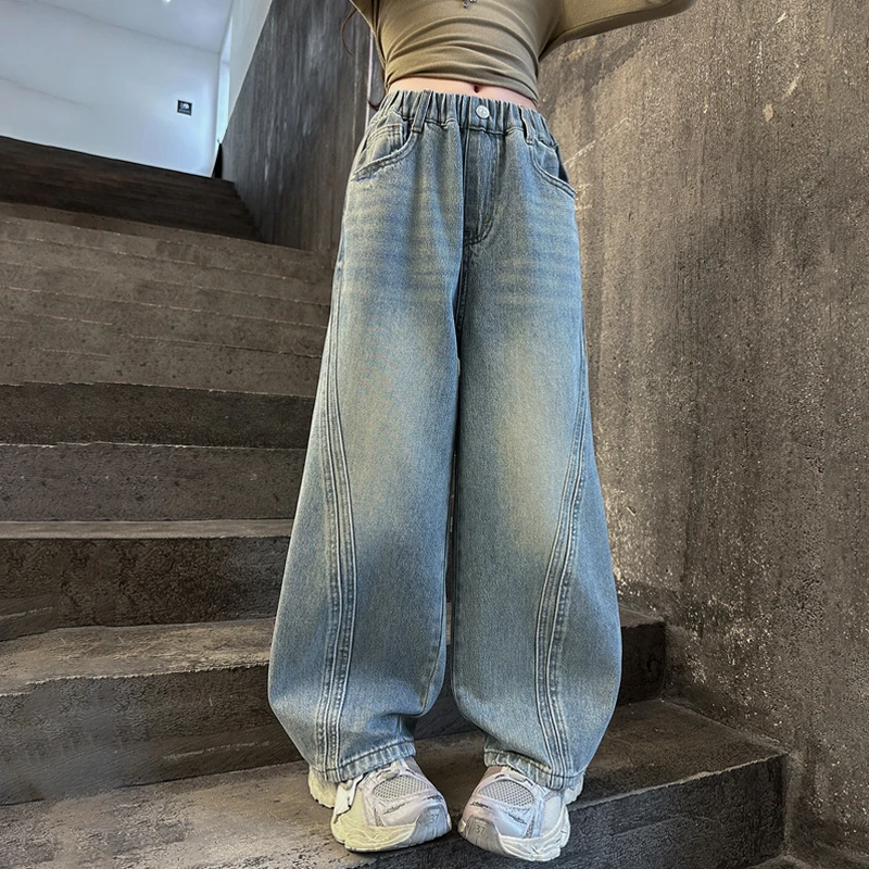 女童牛仔裤不规则拼接弯刀裤显瘦洋气2025新款中大童裤子春秋百搭
