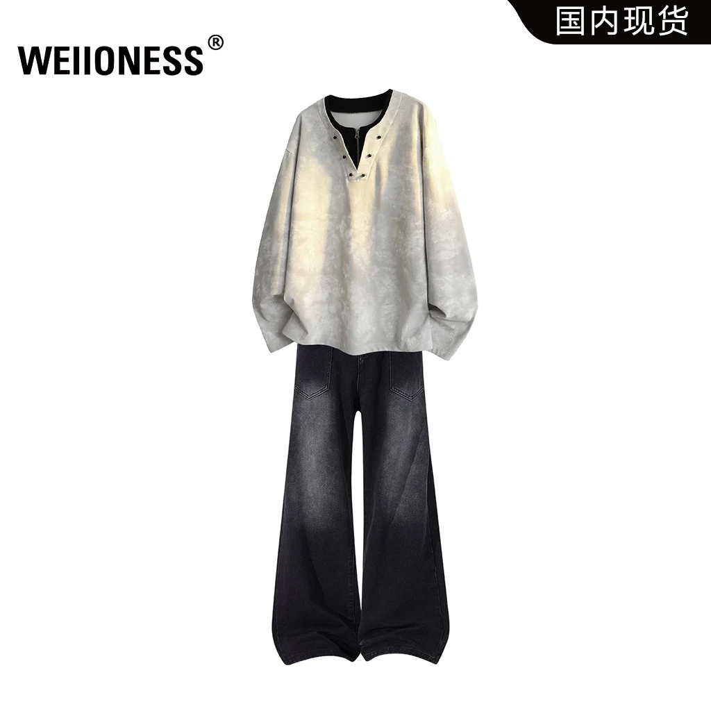 WEIIONESS假两件T恤套装男士秋季痞帅牛仔裤两件套高级感轻奢男装