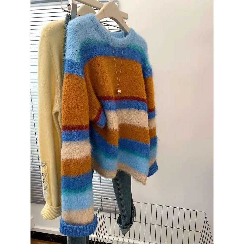 巨好搭！真心舒服！条纹圆领长袖套头针织衫毛衣女慵懒气质软糯上衣