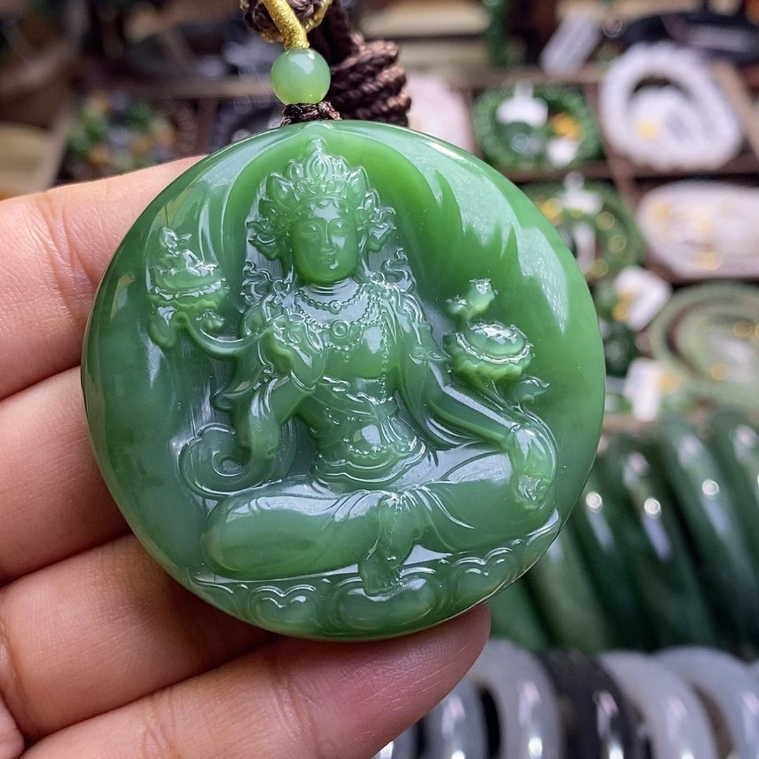 颈饰未镶嵌和田玉精品碧玉老料冰底粉绿绿度母吊坠