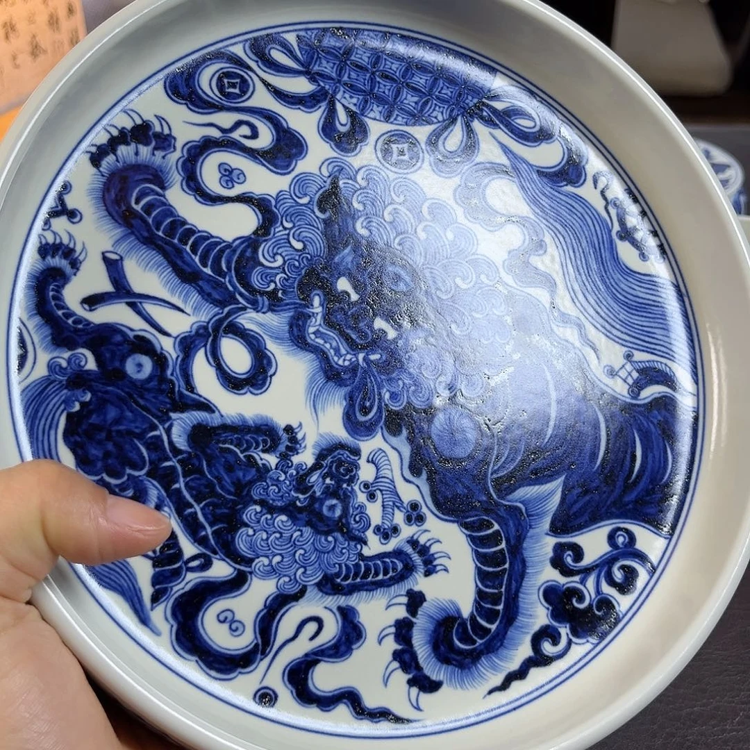 朝岚夕霞窑原矿釉烧制青花重工狮子滚绣球壶承