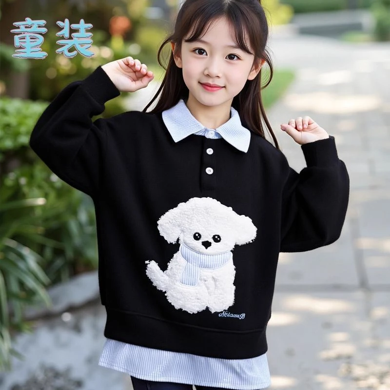 【思晨家】秋季韩版女秋棉女童卡通拼接卫衣童装黑色儿童长袖春款