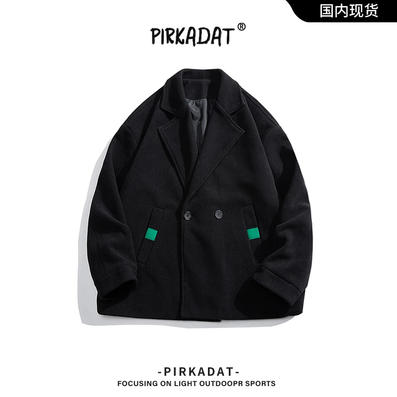 Pirkadat冬季休闲毛呢大衣纯色西装领棉服外套两粒扣收口袖棉衣