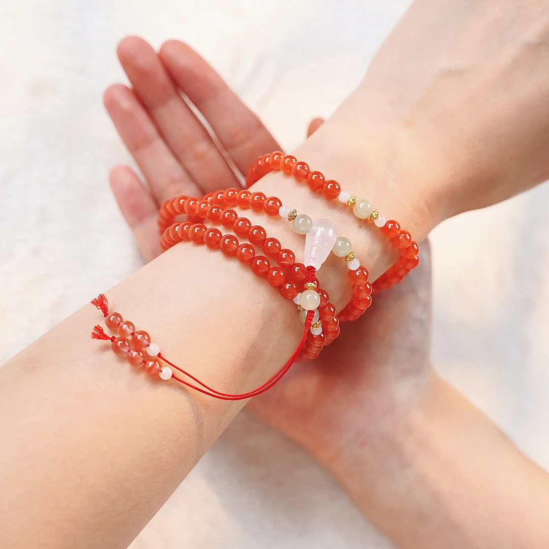 原矿冰红南红翡翠和田玉S925银镀金两用佛珠(直播间确认品质