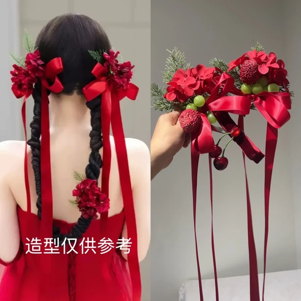 T7187新款红色森系新娘敬酒服花朵发饰婚礼边夹