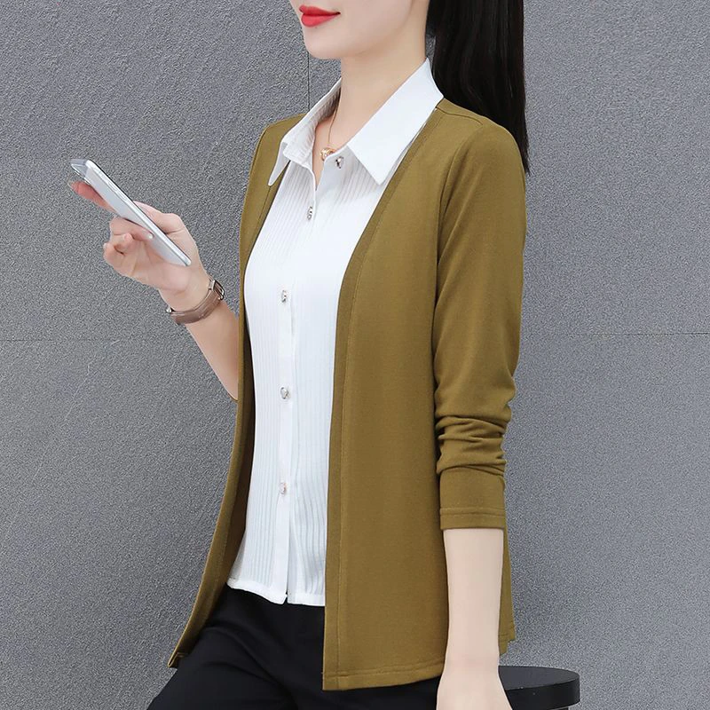 【官方正品】高档假两件衬衫女春秋新款洋气妈妈装宽松衬衣外穿开衫