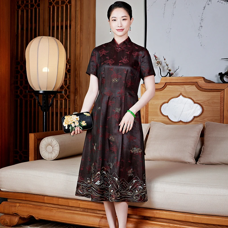 桑蚕丝非遗工艺夏复古刺绣显瘦修身气质重视酒红国风连衣裙W25524