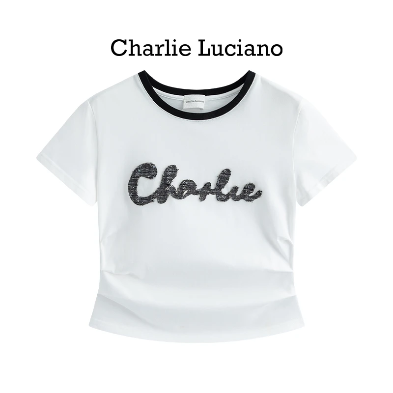 CharlieLuciano2025夏季粗花呢贴布绣短款收腰T恤显瘦白色纯棉T