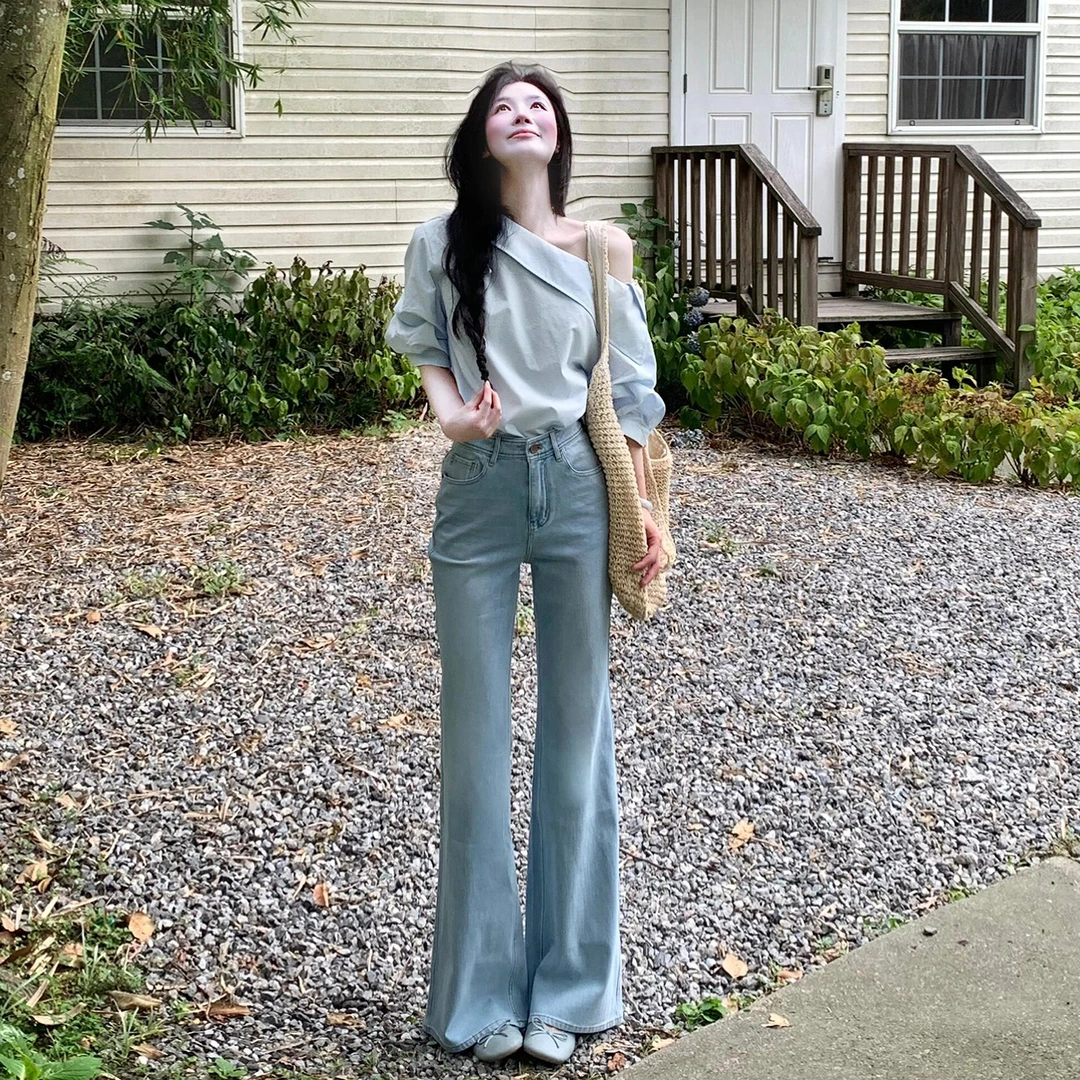 法式蓝色斜肩短袖衬衣女夏季2025新款超好看独特漂亮小衫绝美上衣