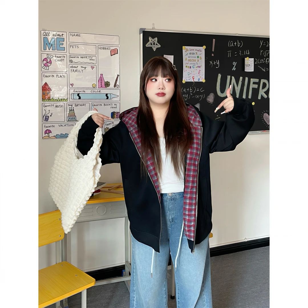 大码女装秋季花契200斤韩系复古格子撞色款空气层连帽卫衣4346-测