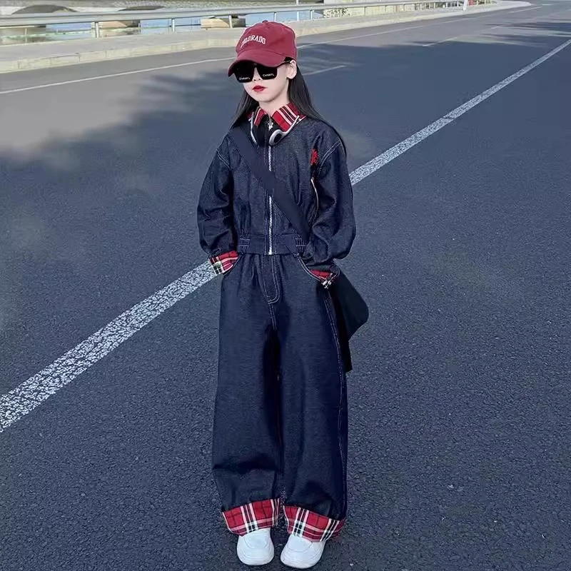 女童洋气套装2025春季新款中大儿童炸街痞帅阔腿牛仔裤两件套装潮