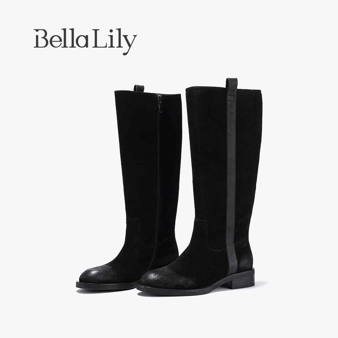 BellaLily2025秋季新款潮流骑士靴女复古牛皮长筒靴显腿长高筒靴