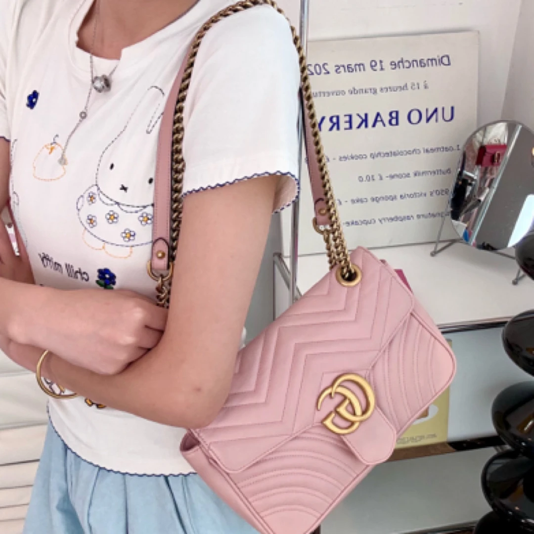 95新 GUCCI/古驰 26粉色马蒙单肩斜挎包