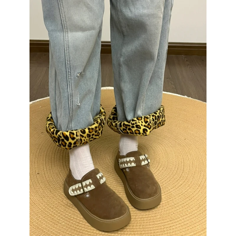 磨砂5cm厚底休闲鞋女2024秋新款百搭圆头增高乐福休闲博肯棉鞋女