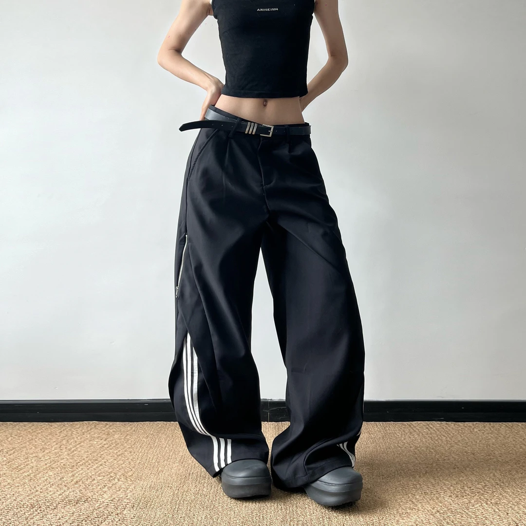 解构拉链三条杠美式阔腿裤男女垂坠感西裤高级感运动休闲百搭长裤