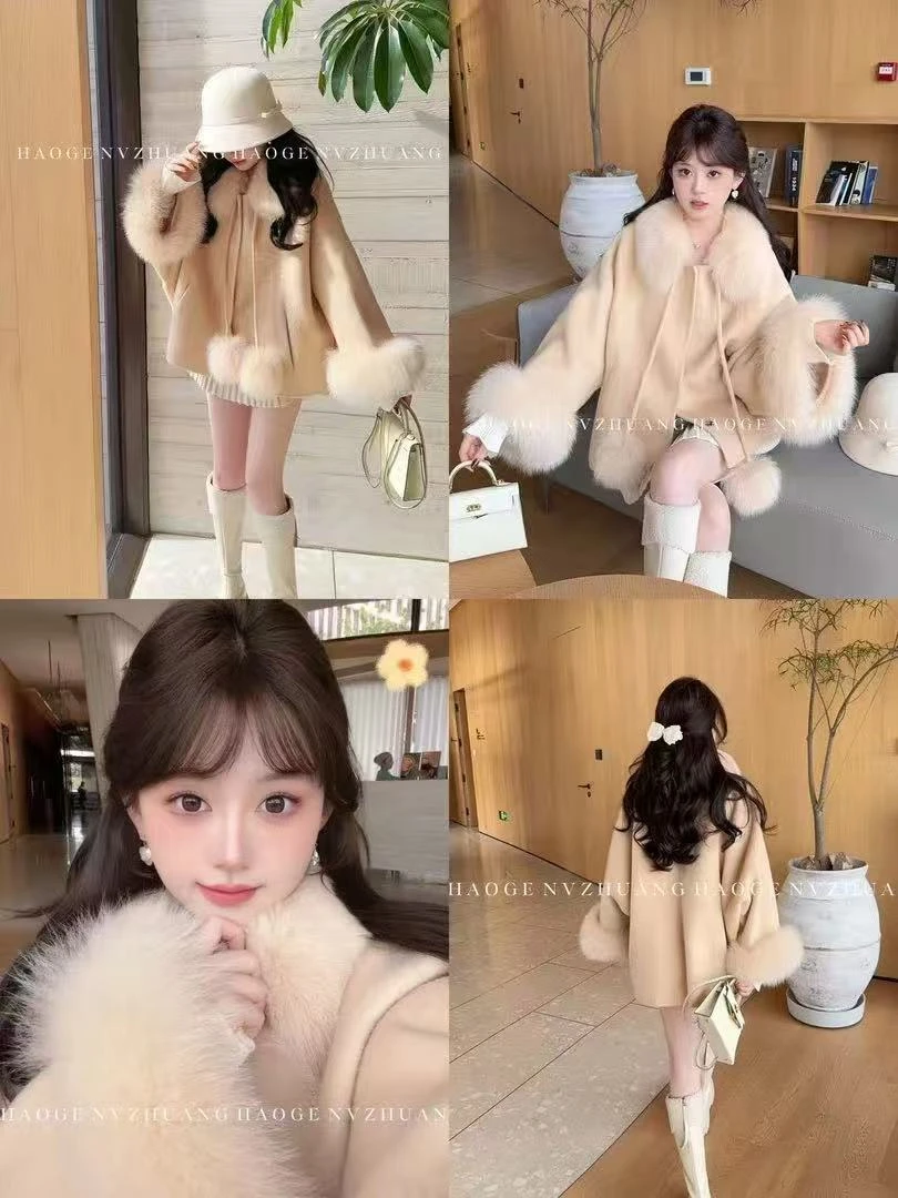 2025新款双面羊毛大衣显瘦高级轻奢风长款狐狸毛