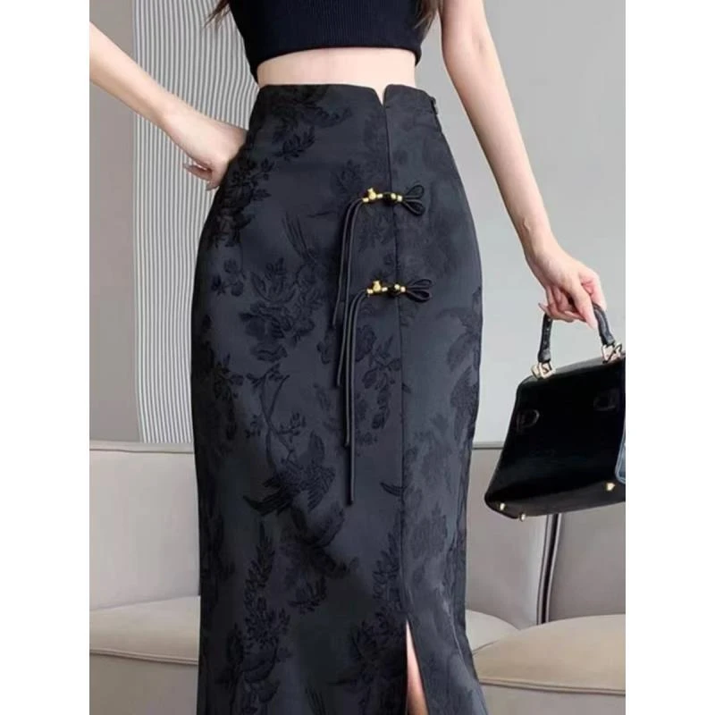 新中式提花黑色半身裙女高腰修身a字直筒裙国风盘扣开叉半裙-56-1