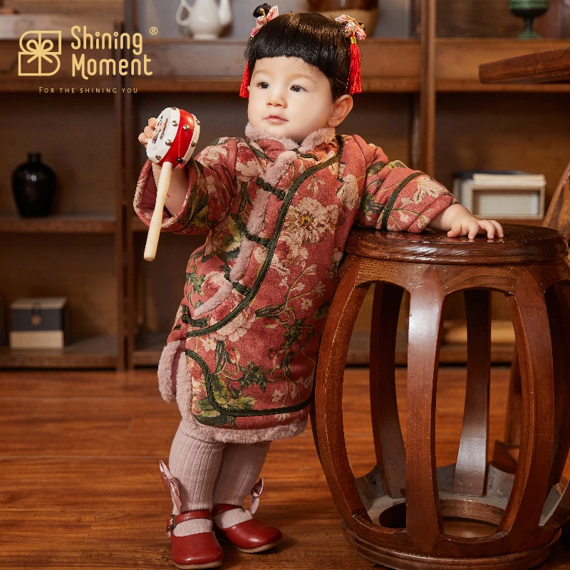 shiningmoment婴儿衣服宝宝年服冬装加绒连衣裙中国风旗袍外套
