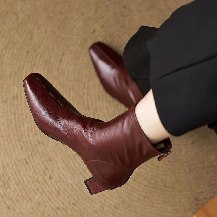 5cm~法式复古羊皮粗跟短靴女2025秋冬新款黑色瘦瘦靴真皮高跟短靴