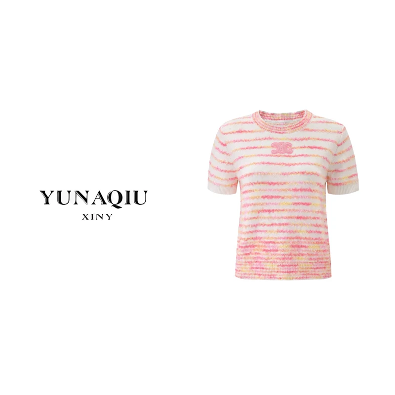 粉色圆领撞色流苏短袖薄款针织衫 -6048