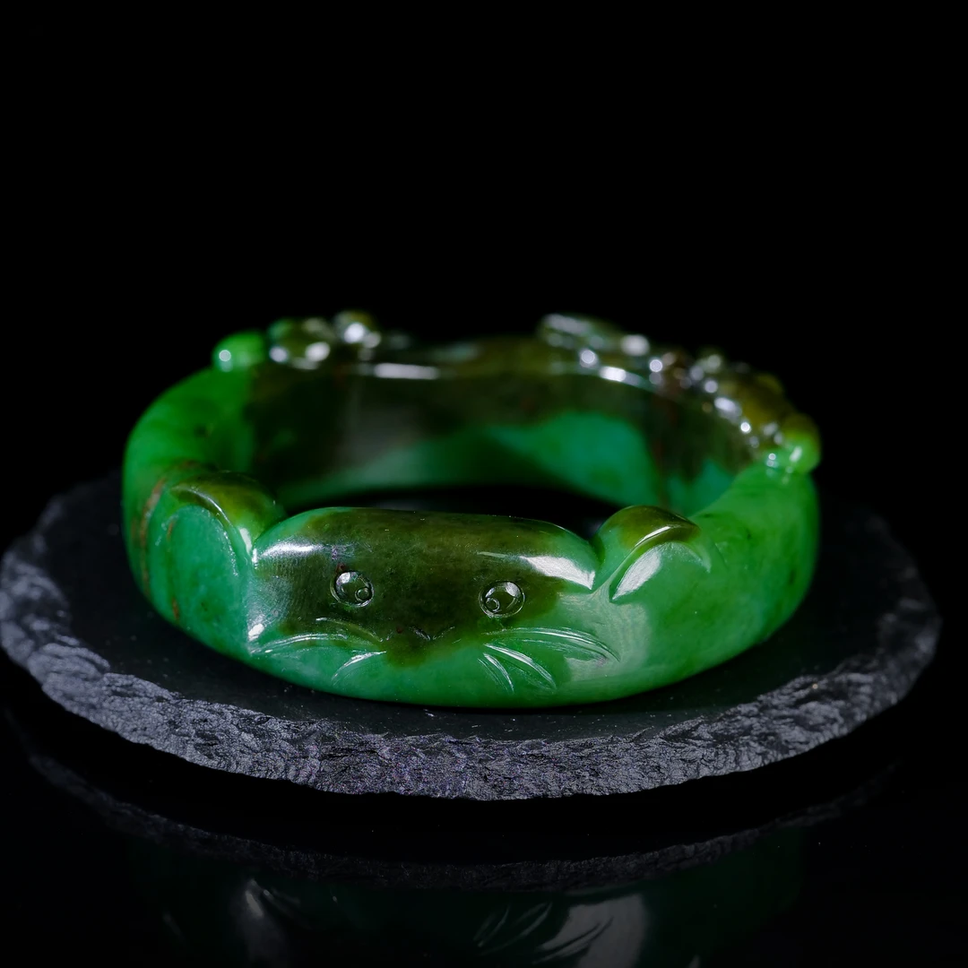 【小雨来了】和田玉碧玉萌猫雕花手镯 和田玉手镯 镯子