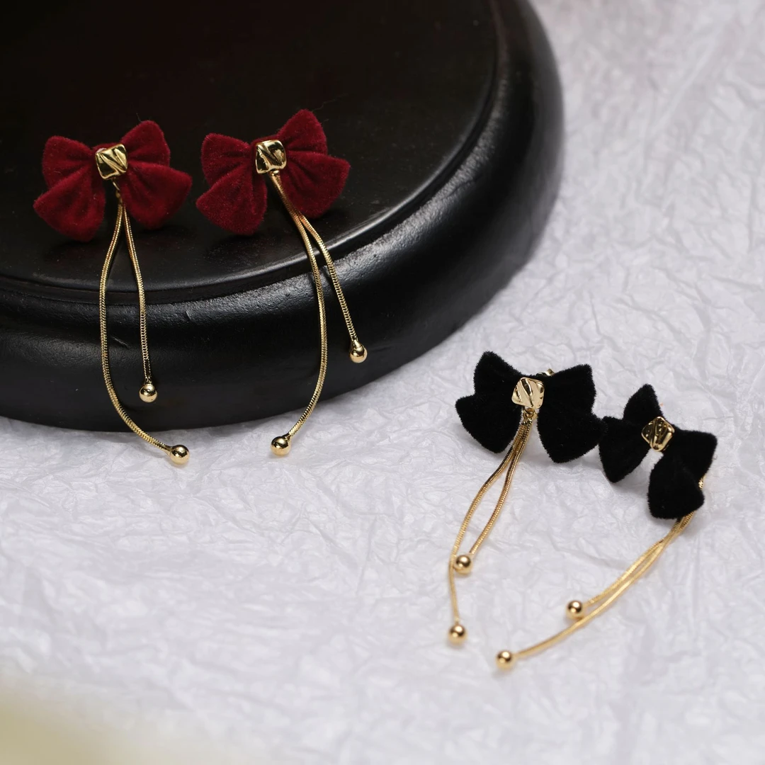 铜合金亚克力耳饰 @APRIL适合过年戴丝绒结耳饰女气质耳坠流苏