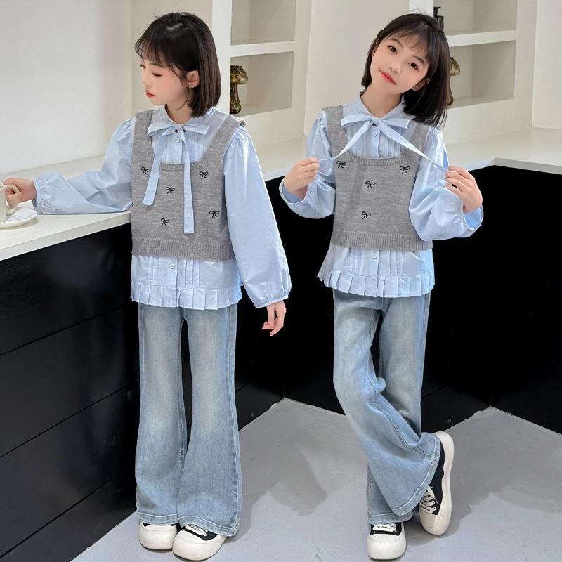 女童秋季套装2025新款洋气中大童衬衫背心马甲牛仔喇叭秋季三件套