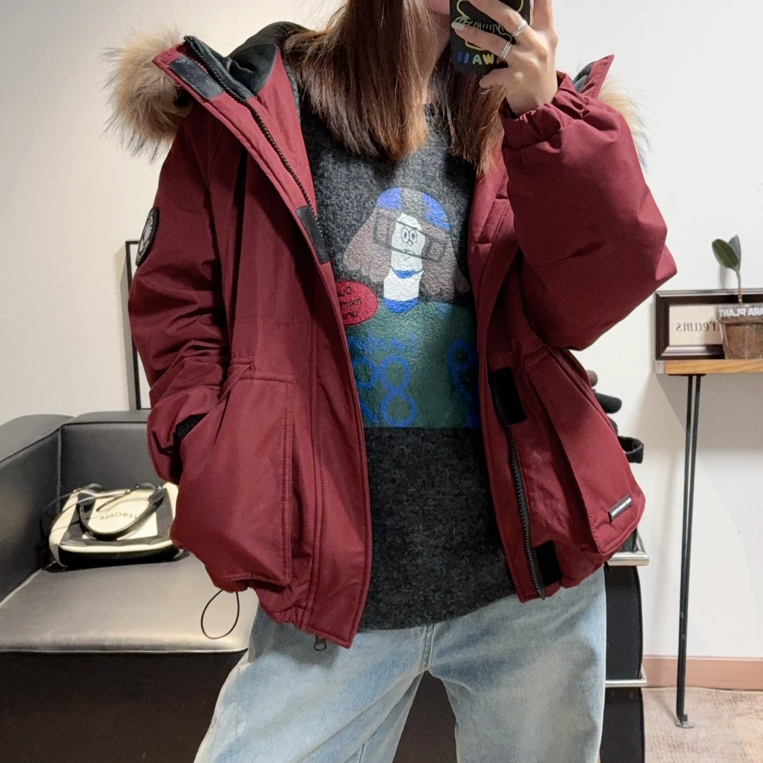 2025新款超洋气毛领连帽拼接常规款羽荣外套女宽松棉服显瘦简约