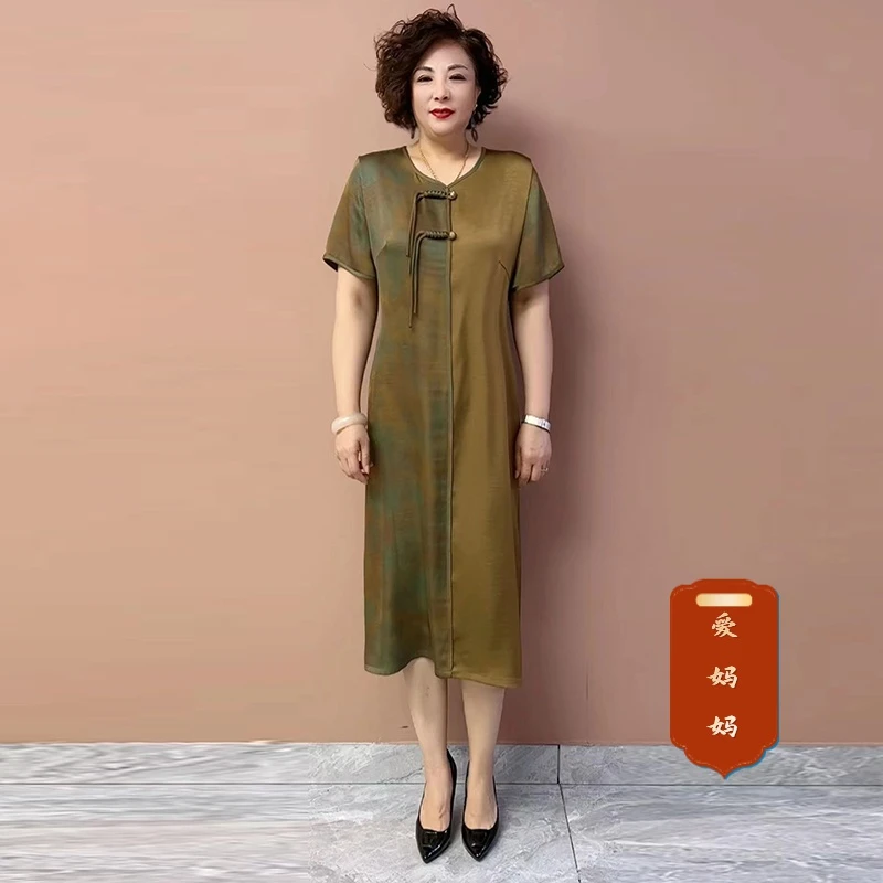 夏季火爆款高档桑蚕丝气质时尚洋气中老年妈妈国风旗袍连衣裙拼接