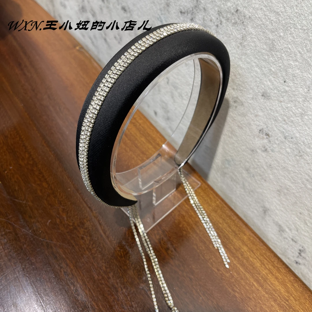 162高颅顶海绵发箍满钻长流苏头箍高级感纯色轻奢发箍气质发卡