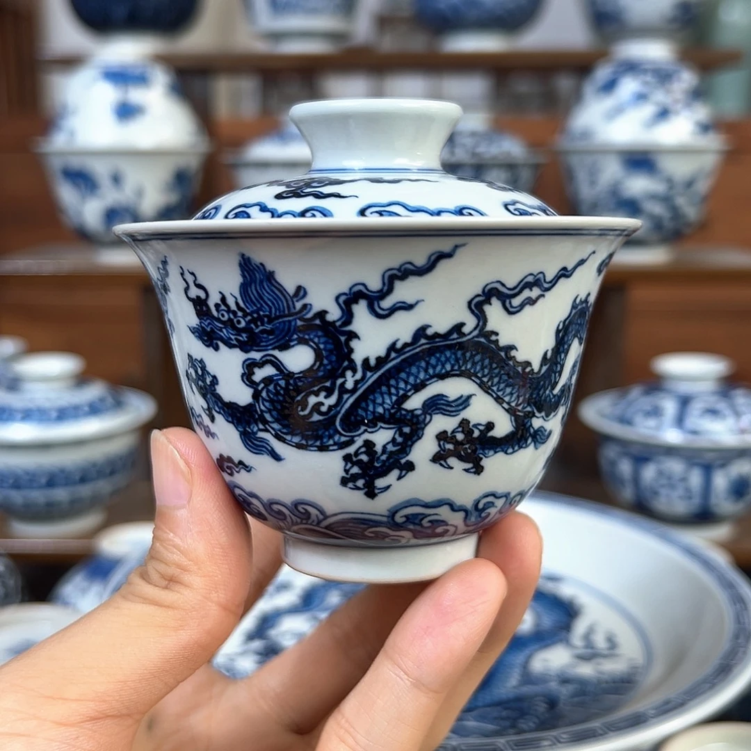 明永宣双龙青花盖碗