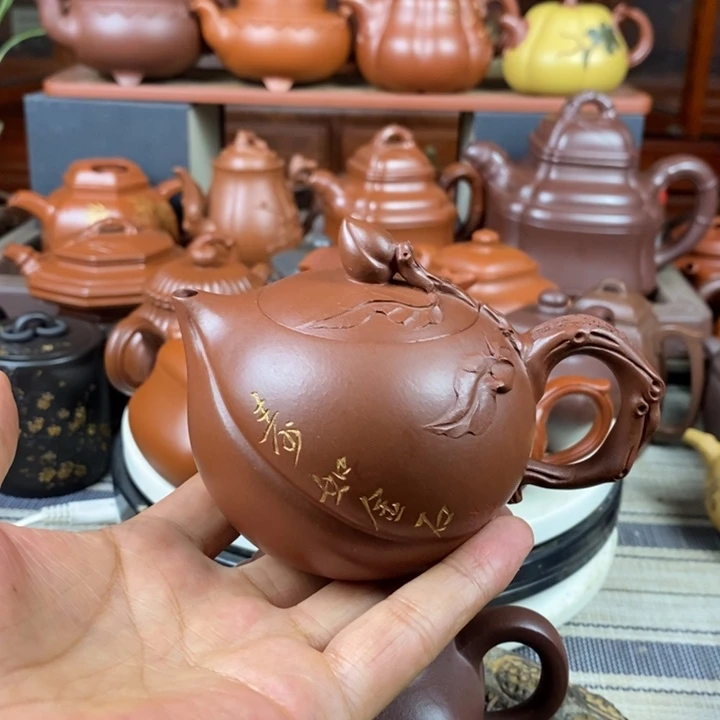 茶壶紫砂寿桃240cc原矿老紫泥特价