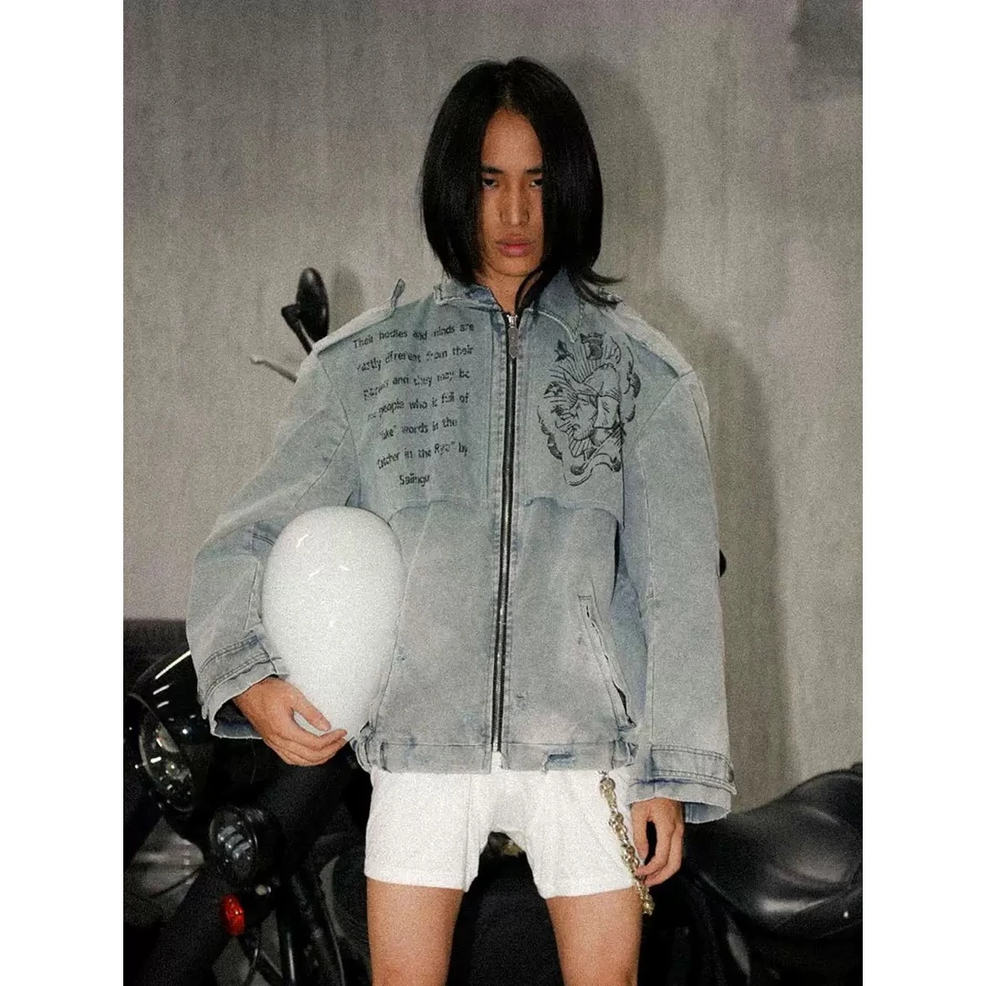 蓝色水洗牛仔印花夹克