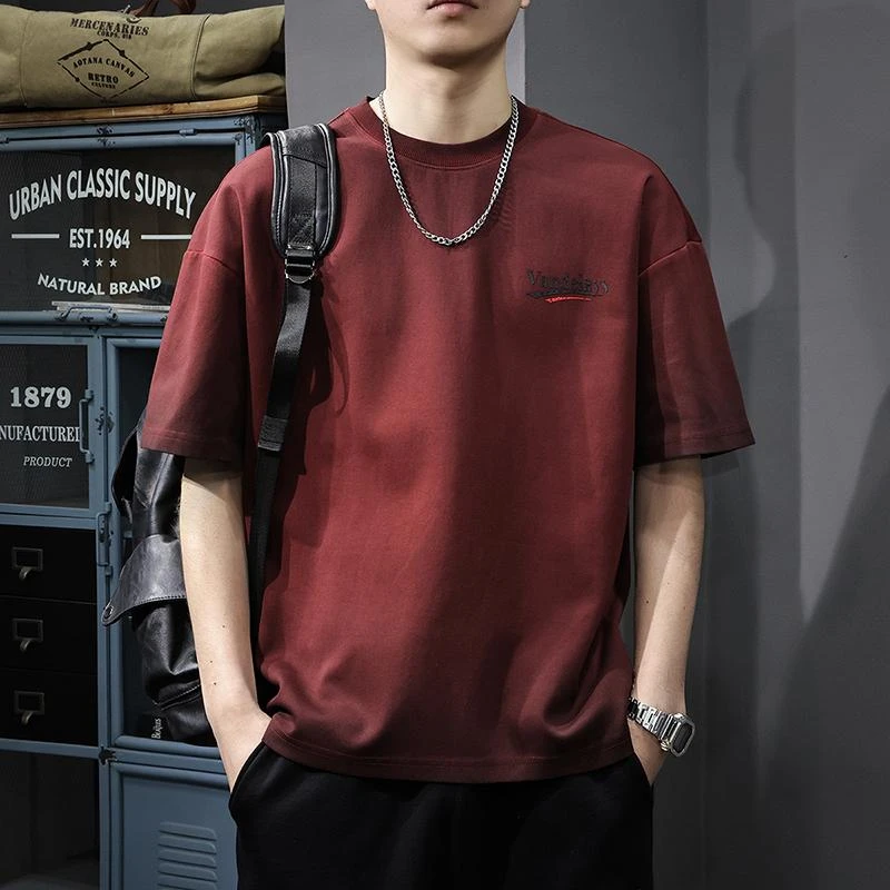 美式潮牌印花红色男士短袖t恤2025夏季300g重磅水洗半袖体恤上衣