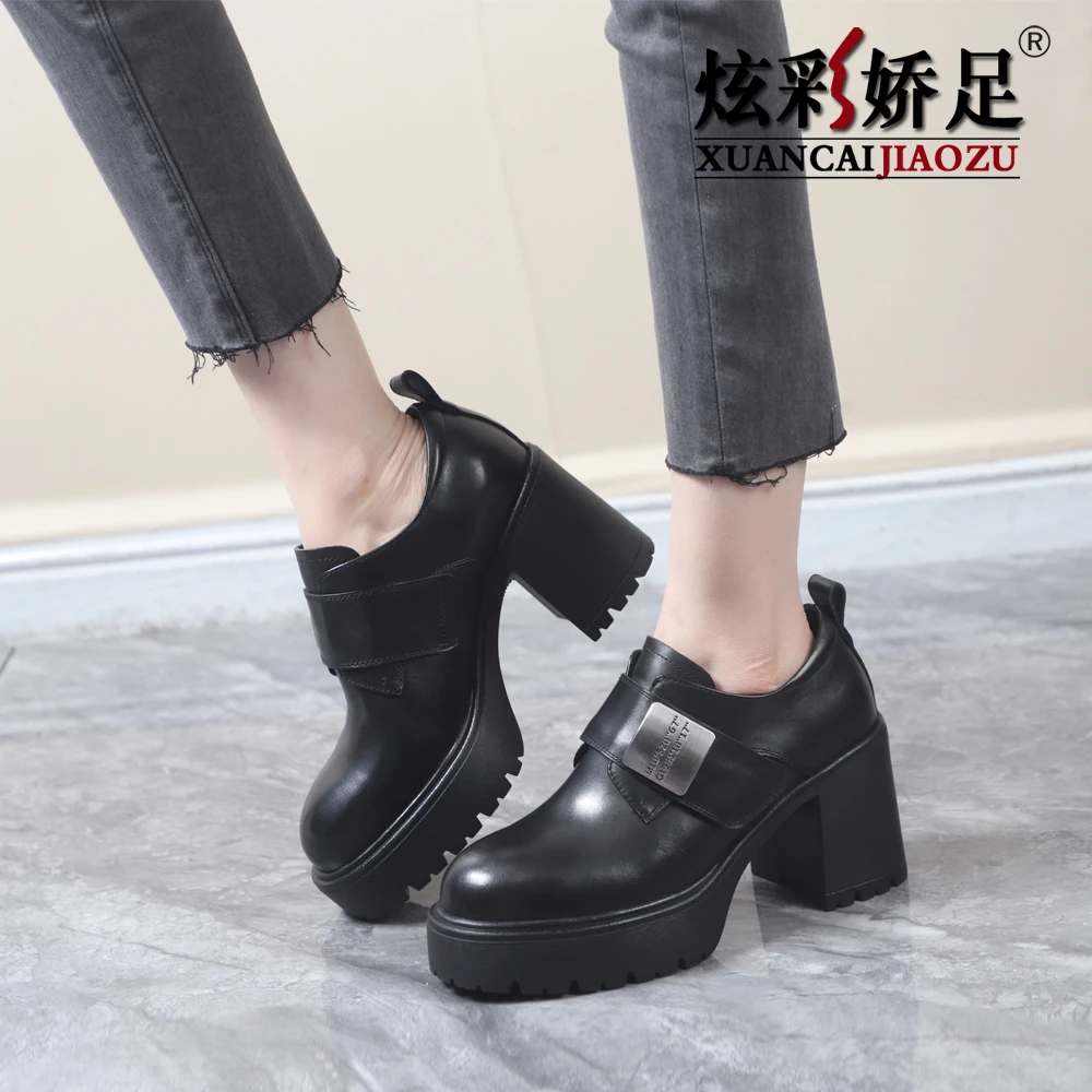 单鞋女鞋2025春秋新款真皮牛皮粗跟高跟厚底魔术贴工作深口小皮鞋