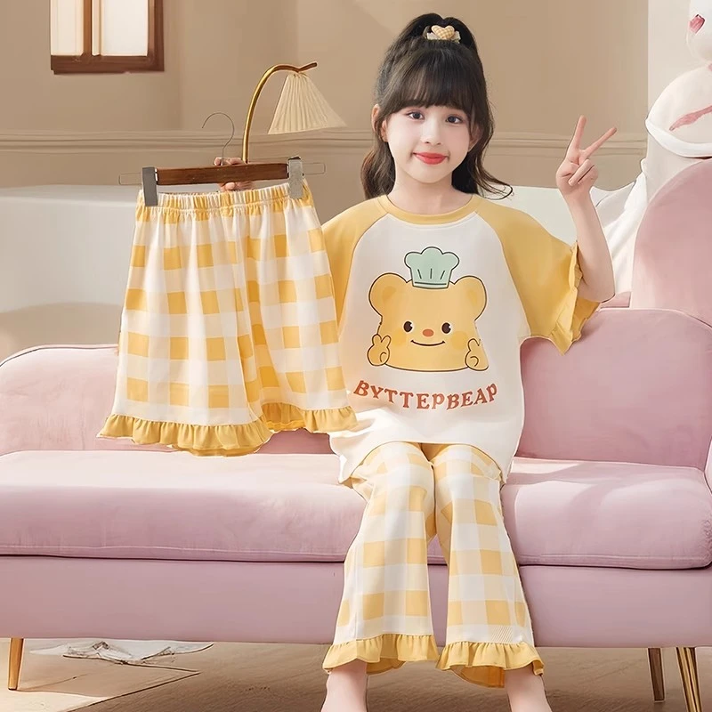 伊束姿女童睡衣夏季纯棉三件套薄款2025新款儿童女孩短袖家居服