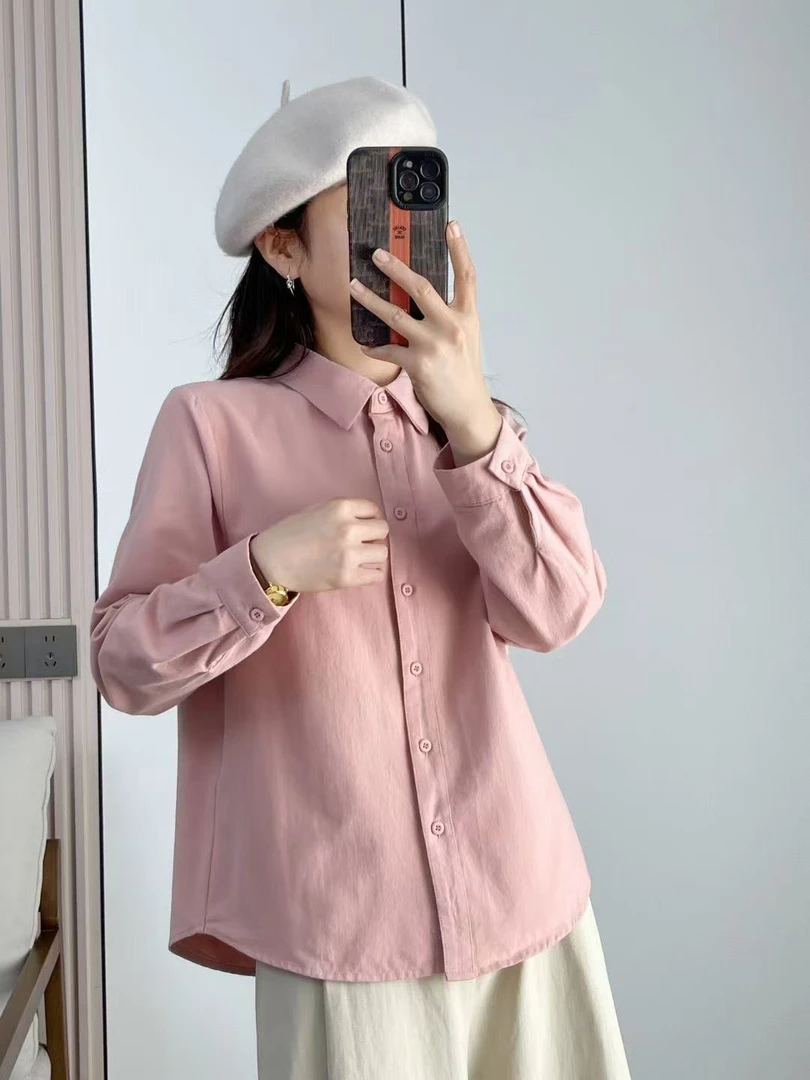 春季新款女士磨毛小尖领纯棉纯色简约风长袖休闲衬衫百搭衬衣828